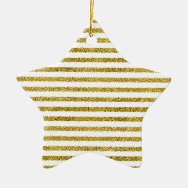 Gold and White Chic Stripes Ceramic Ornament (Front)