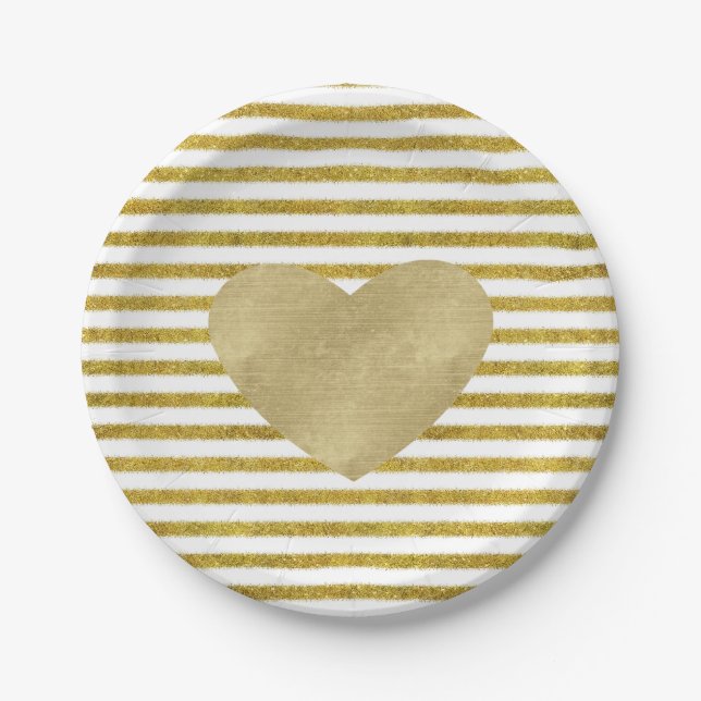Gold and White Chic Stripes Heart Paper Plate (Front)