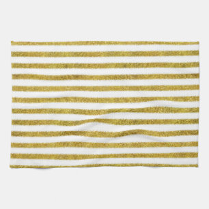 Gold and White Chic Stripes Tea Towel