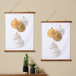 Gold and White Christmas Balls Design Hanging Tapestry