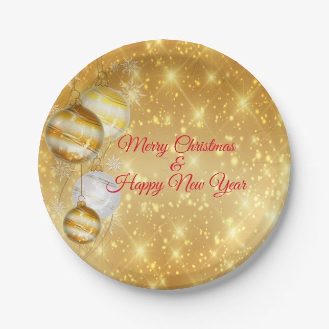 Gold And White Christmas Balls Paper Plate (Front)