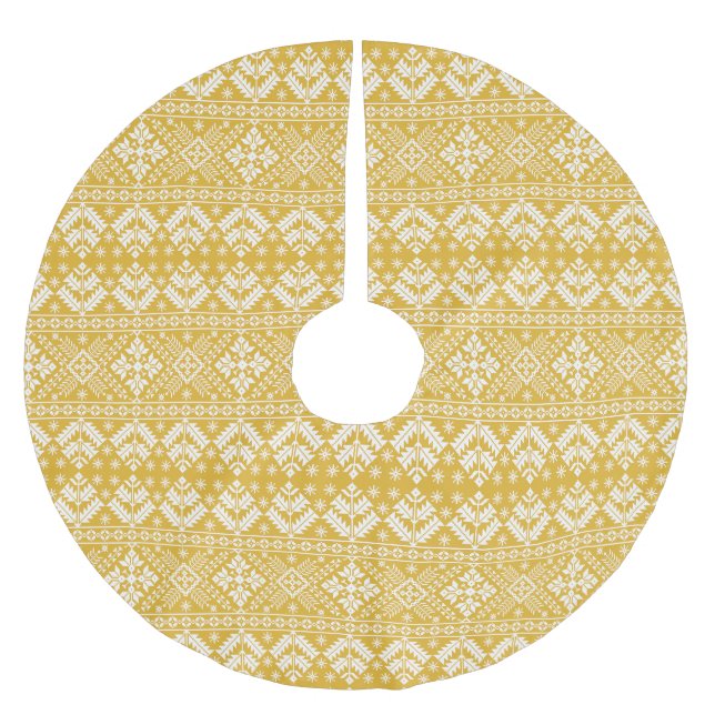 Gold and White Christmas Fair Isle Pattern Brushed Polyester Tree Skirt (Front)