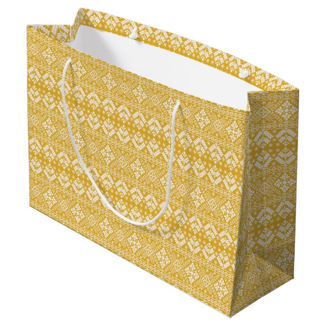 Gold and White Christmas Fair Isle Pattern Large Gift Bag (Back Angled)