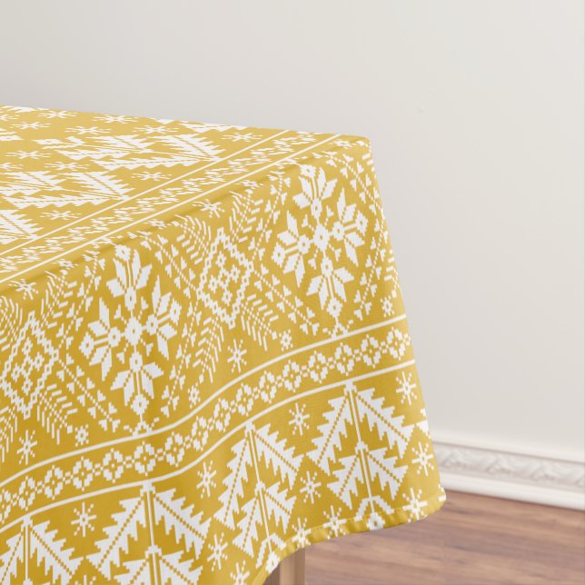 Gold and White Christmas Fair Isle Pattern Tablecloth (In Situ)