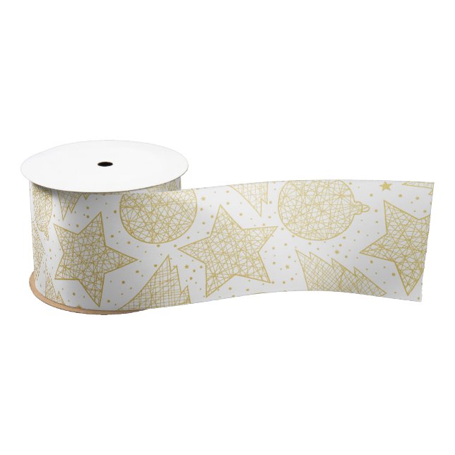 Gold and White Christmas Pattern Ribbon Satin Ribbon (Spool)