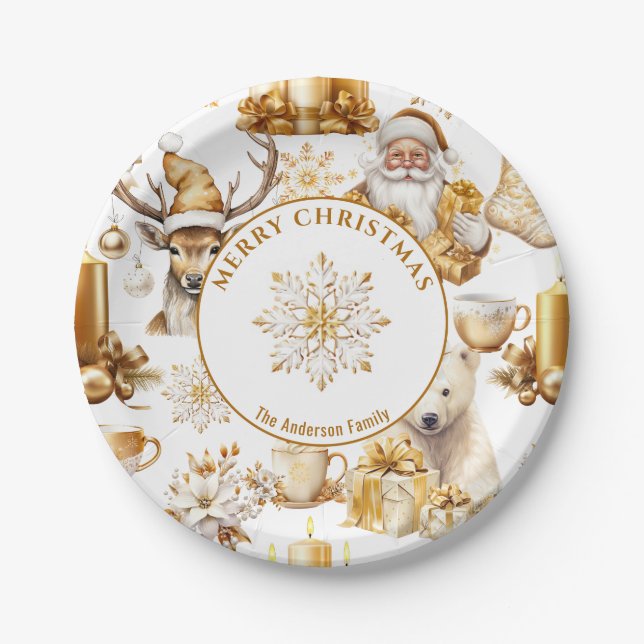 Gold and White Christmas Symbols Paper Plate (Front)