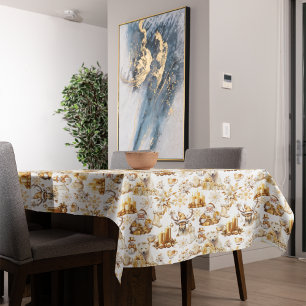 Gold and White Christmas Symbols Tablecloth