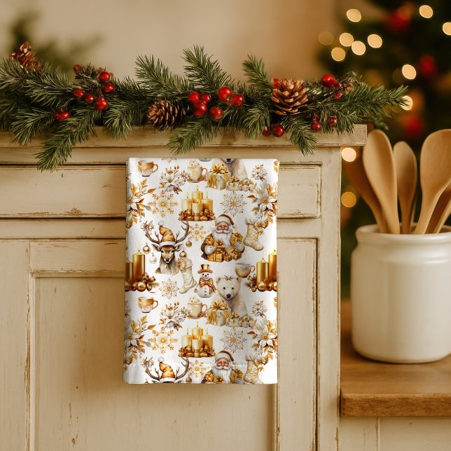 Gold and White Christmas Symbols Tea Towel (Creator Uploaded)
