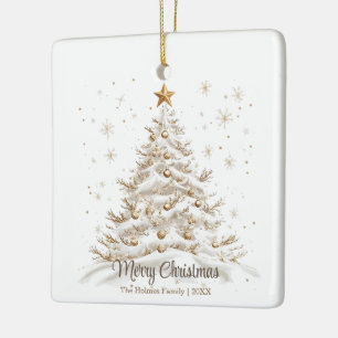 Gold and White Christmas Tree in Snow Ceramic Ornament