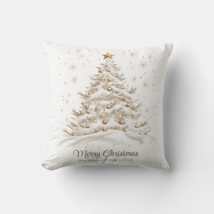 Gold and White Christmas Tree in Snow Cushion