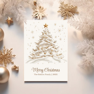 Gold and White Christmas Tree in Snow Holiday Card