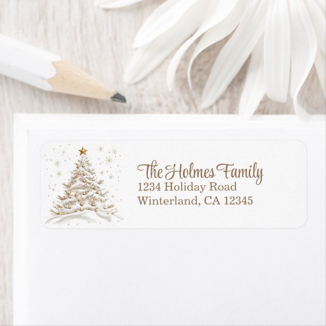 Gold and White Christmas Tree Return Address Label (Insitu)