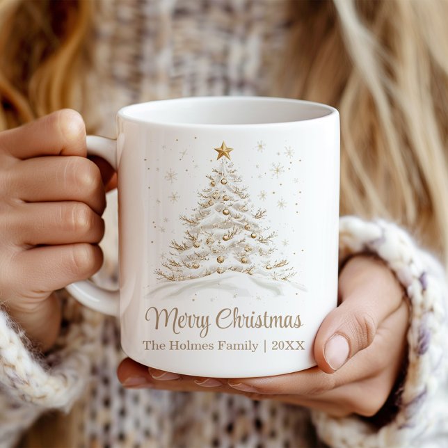 Gold and White Christmas Tree with Family Name Coffee Mug (Gold and White Christmas Tree with Family Name Coffee Mug in a girl's hands.)