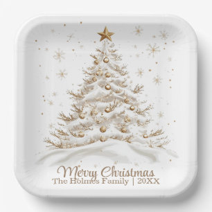 Gold and White Christmas Tree with Family Name Paper Plate