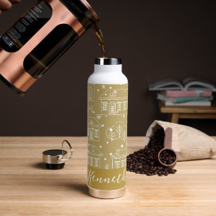 Gold and White City Landscape Christmas Holiday Water Bottle