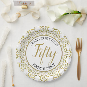 Gold and White classic Anniversary Paper Plate