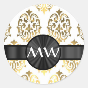 Gold and white damask pattern classic round sticker