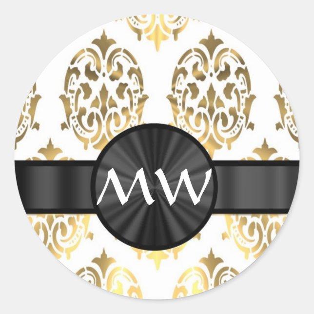 Gold and white damask pattern classic round sticker (Front)