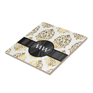 Gold and white damask pattern tile