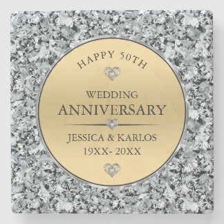 Gold and white diamonds 50th wedding anniversary stone coaster