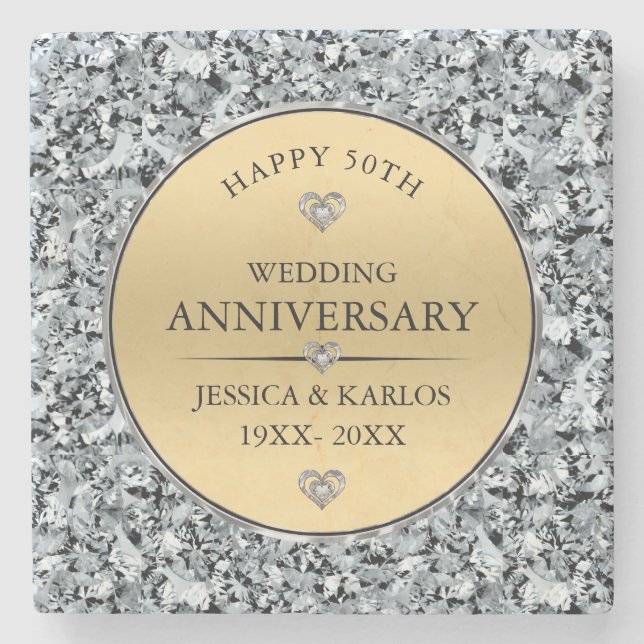 Gold and white diamonds 50th wedding anniversary stone coaster (Front)