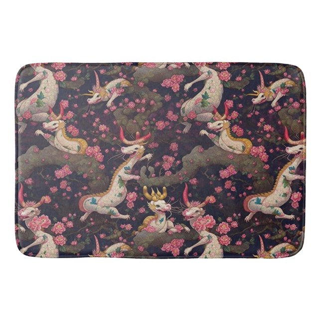 Gold and White Dragons with Cherry Blossoms Bath Mat (Front)