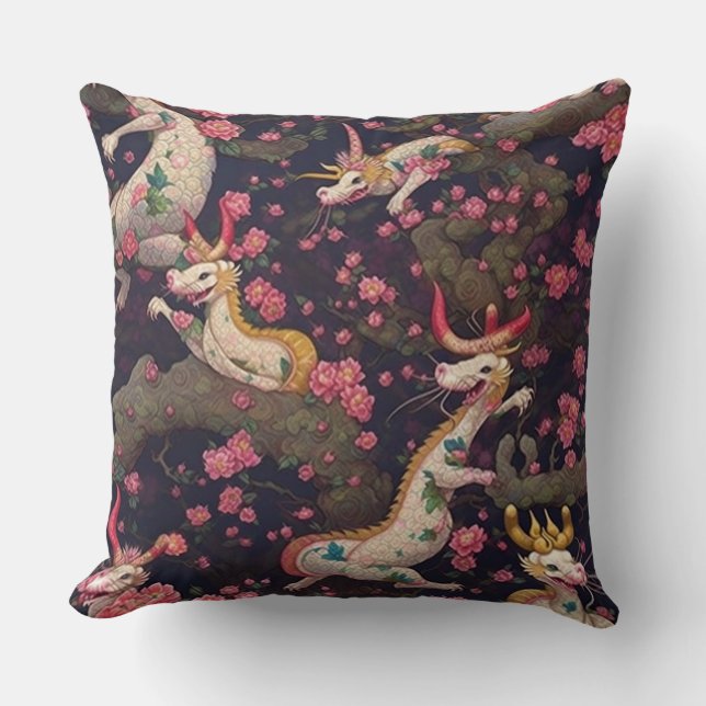 Gold and White Dragons with Cherry Blossoms Cushion (Front)