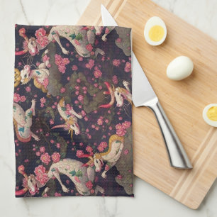 Gold and White Dragons with Cherry Blossoms Tea Towel