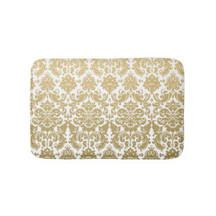 Gold and White Elegant Damask Pattern Bath Mat
