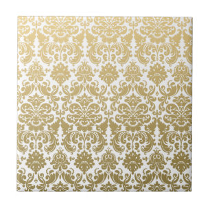 Gold and White Elegant Damask Pattern Ceramic Tile