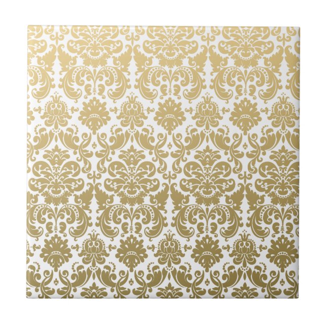 Gold and White Elegant Damask Pattern Ceramic Tile (Front)