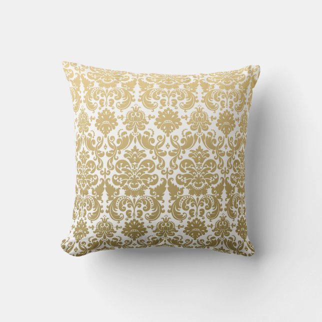 Gold and White Elegant Damask Pattern Cushion (Front)