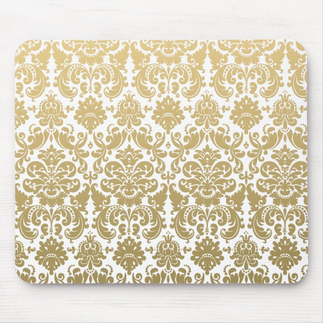Gold and White Elegant Damask Pattern Mouse Pad (Front)