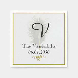 Gold and White Feather Monogram Wedding Napkin