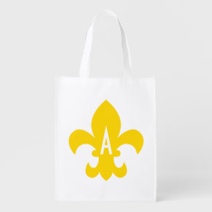 Gold and White Fleur de Lis Monogram Reusable Grocery Bag