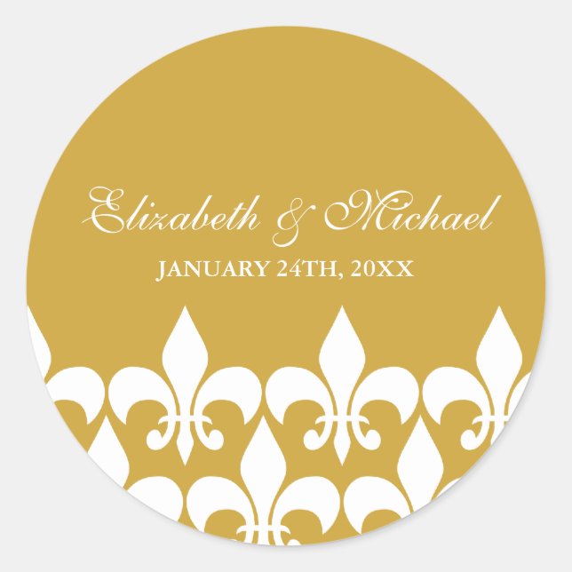 Gold and White Fleur de Lis Wedding Favour Label (Front)