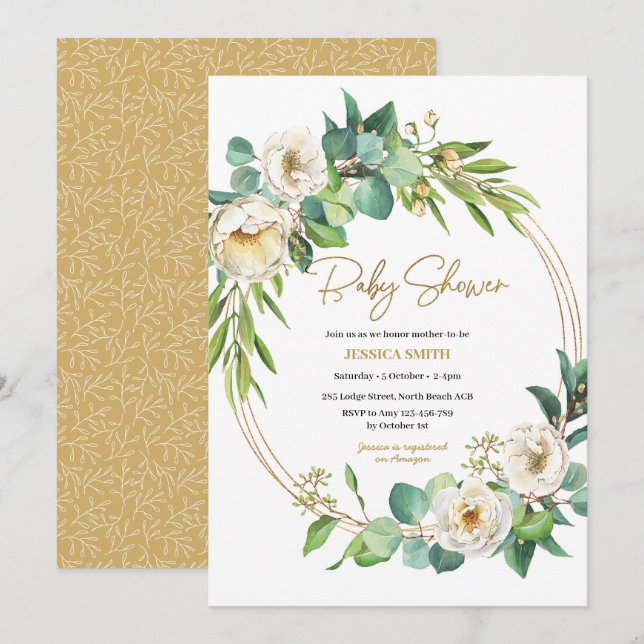 Gold and White floral Baby Shower Invitation (Front/Back)