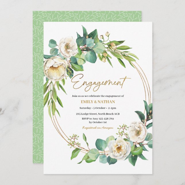 Gold and White floral Engagement Invitation (Front/Back)