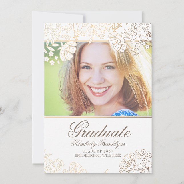 Gold and White Floral Graduation Invitation (Front)