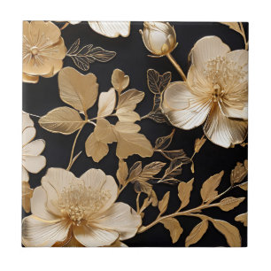 Gold And White Floral Pattern On Black Ceramic Tile