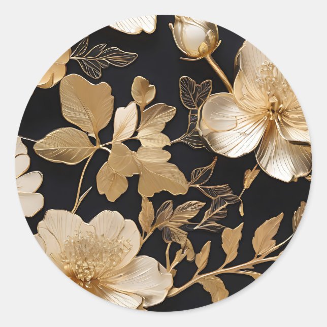 Gold And White Floral Pattern On Black Classic Round Sticker (Front)