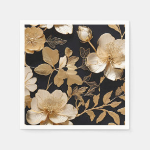 Gold And White Floral Pattern On Black Napkin