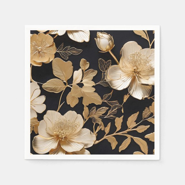 Gold And White Floral Pattern On Black Napkin (Front)