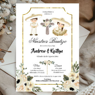 Gold and White Floral Sibling Boy and Girl Bautizo Invitation