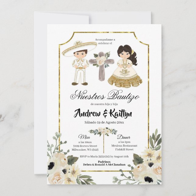 Gold and White Floral Sibling Boy and Girl Bautizo Invitation (Front)