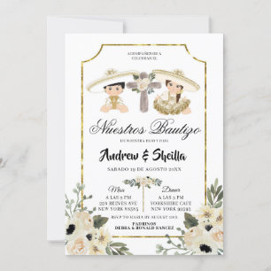 Gold and White Floral Twin Boy Girl Bautizo Invitation