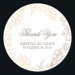 Gold and White Floral Vintage Wedding Thank You Classic Round Sticker<br><div class="desc">Gold flowers white vintage elegant wedding thank you sticker</div>