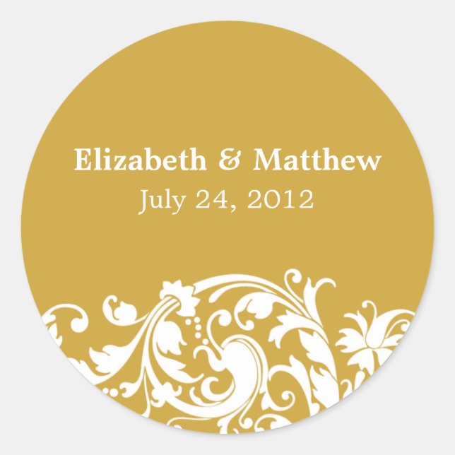 Gold and White Flourish Swirl Wedding Favour Label (Front)