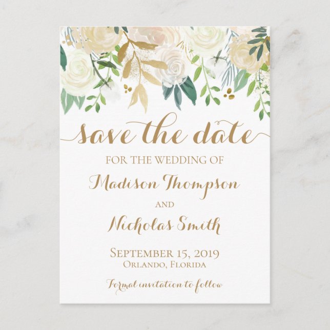Gold and White Flower Save the Date Postcards (Front)