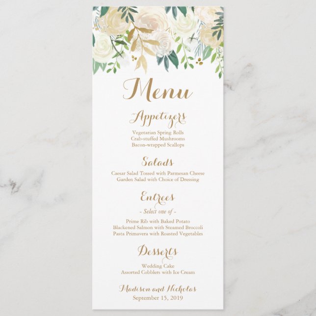 Gold and White Flower Wedding Menu Rack Cards (Front)